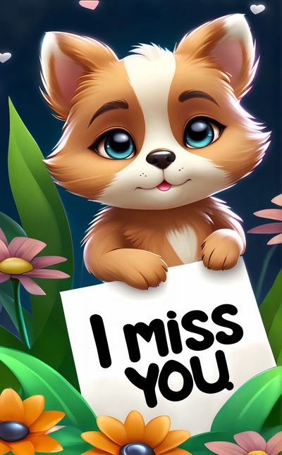 A little puppy holding a sign that says i miss you with flowers around it and a butterfly flying above it, with a message below, cute and funny, a screenshot, furry art