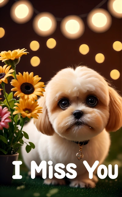 A small dog standing next to a bunch of flowers with a message below it that says i miss you on a string of lights above, animal photography, a photorealistic painting, art photography