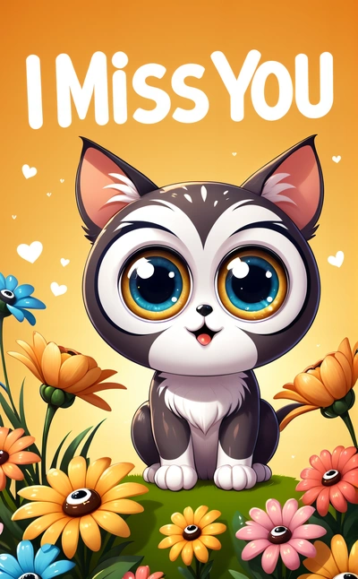 A cartoon cat sitting on top of a green field with flowers and a message i miss you on it's side that says,, cute and funny, a screenshot, furry art