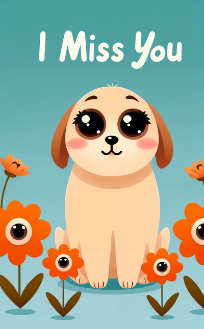 A dog with big eyes sitting in a field of flowers with the words i miss you on it's back ground and a blue background with orange flowers, cute and funny, a screenshot, furry art