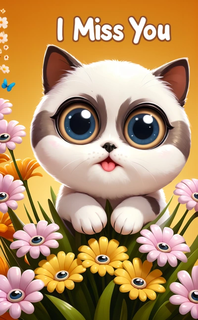 A cat with big eyes sitting in a field of flowers with a message i miss you on the front of the card, with a yellow background with pink and yellow flowers, cute and funny, a screenshot, pop surrealism