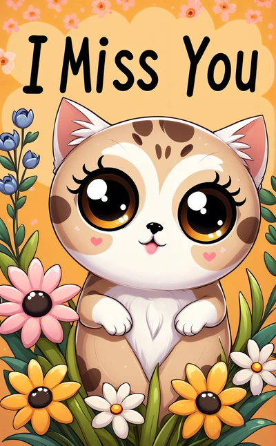 A cat with big eyes sitting in a flowery plant with the words i miss you on it's side and a yellow background, cute and funny, a poster, furry art