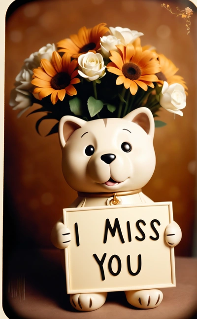 A teddy bear holding a sign with flowers in it's head and a message i miss you written on it that says i miss you, cute and funny, a picture, folk art