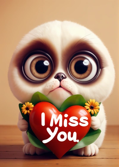 A cute little cat holding a heart with the words i miss you on it's chest and eyes wide open, with a flower in the center, cute and funny, a screenshot, sots art