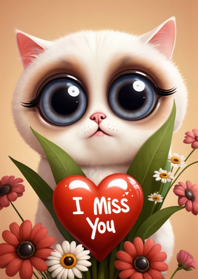 A cat with big eyes holding a heart with the words i miss you on it and daisies in front of it with the words i miss you, cute and funny, a screenshot, gothic art