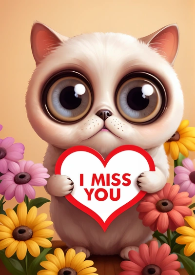 A cat holding a heart with the words i miss you on it in front of flowers and daisies with a pink background with a yellow border, cute and funny, a screenshot, gothic art