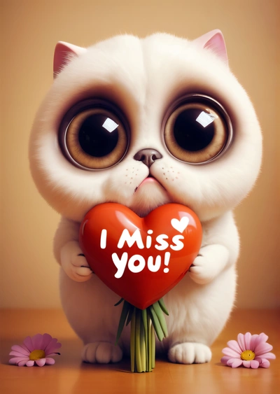 A white cat holding a heart with the words i miss you written on it and flowers around it, with a pink flower in the foreground, cute and funny, a screenshot, gothic art