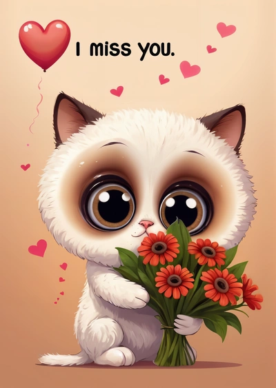 A white cat holding a bunch of flowers with a heart shaped balloon above it and a message i miss you above it that says i love you, cute and funny, a digital rendering, romanticism