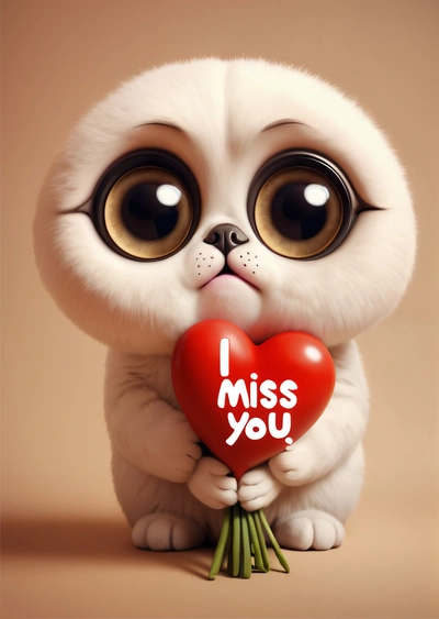 A small white animal holding a red heart with the words i miss you written on it's face and eyes, with a pink background, cute and funny, a picture, gothic art