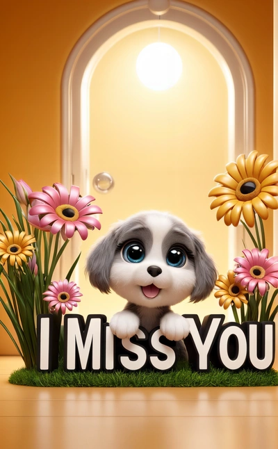 A cute little dog sitting in the grass with flowers around it and a message that says i miss you on the grass with daisies, cute and funny, a screenshot, net art