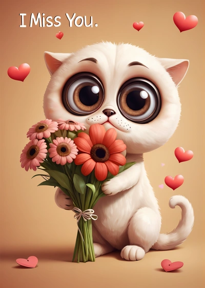 A white cat holding a bunch of flowers with hearts around it and a message i miss you above it that says i miss you on the bottom, cute and funny, a picture, gothic art