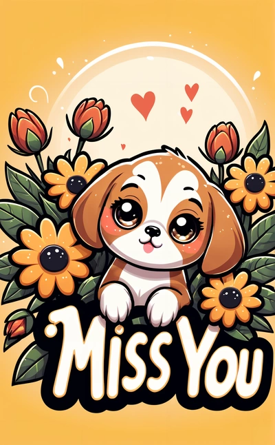 A cartoon dog with flowers and hearts on a yellow background with the words miss you written below it and a picture of a puppy with a heart, cute and funny, vector art, furry art