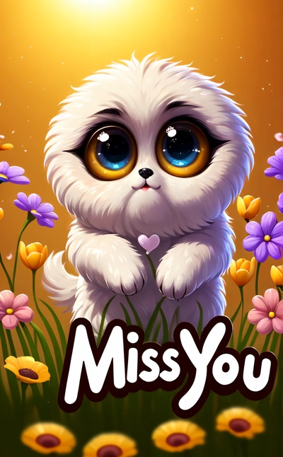 A white kitten sitting in a field of flowers with the words miss you written on it's side and a sun shining above it, cute and funny, a screenshot, furry art