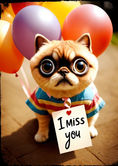 A small dog with big eyes holding a sign with a balloon attached to it's head that says i miss you on it's tag, cute and funny, a screenshot, mail art