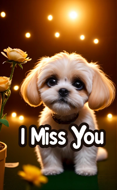 A small white dog sitting next to a flower and a lit up background with a message i miss you on it's front page, cute and funny, a picture, furry art