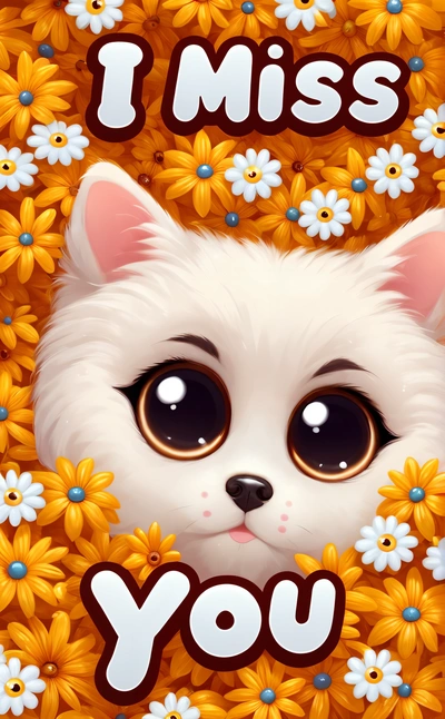 A white cat with big eyes and a message i miss you on a background of flowers and daisies with the words i miss you, highly detailed digital painting, a character portrait, furry art