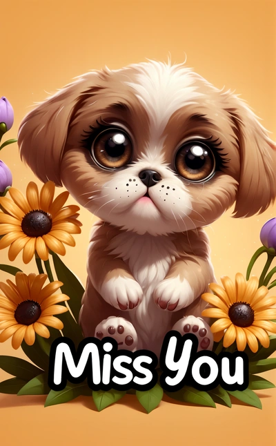 A little puppy sitting in a field of flowers with the words miss you on it's side and a picture of a puppy with flowers in the background, cute and funny, a screenshot, gothic art