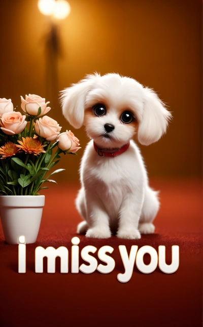 A small white dog sitting next to a vase of flowers with the words i miss you written on it in front of a red background, cute and funny, a picture, gothic art