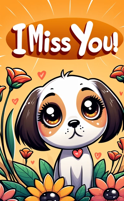 A cartoon dog with a message that says i miss you on it's face and flowers around it's neck, with a sunbursting background, cute and funny, a screenshot, furry art