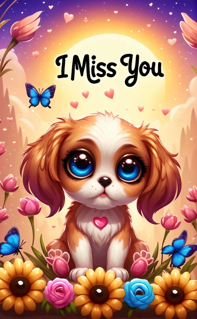 A puppy with blue eyes sitting in a field of flowers with a moon in the background and a message i miss you written below it, cute and funny, a screenshot, furry art