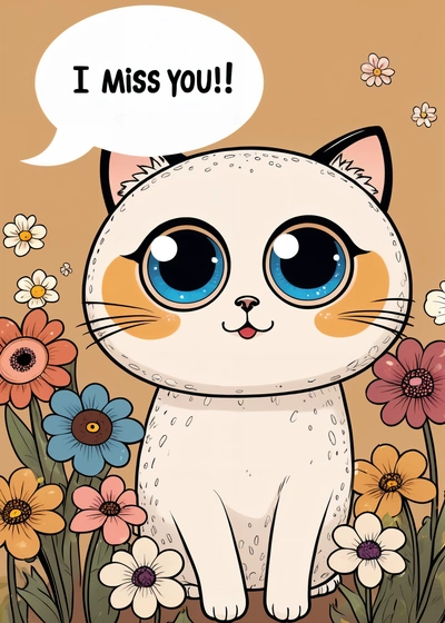 A cat with a thought bubble above it's head sitting in a field of flowers with a message bubble above it that says i miss you, cute and funny, a poster, sots art