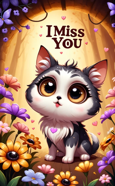 A cute little cat sitting in a field of flowers with a message i miss you on it's back ground that says, i miss you, cute and funny, a screenshot, furry art