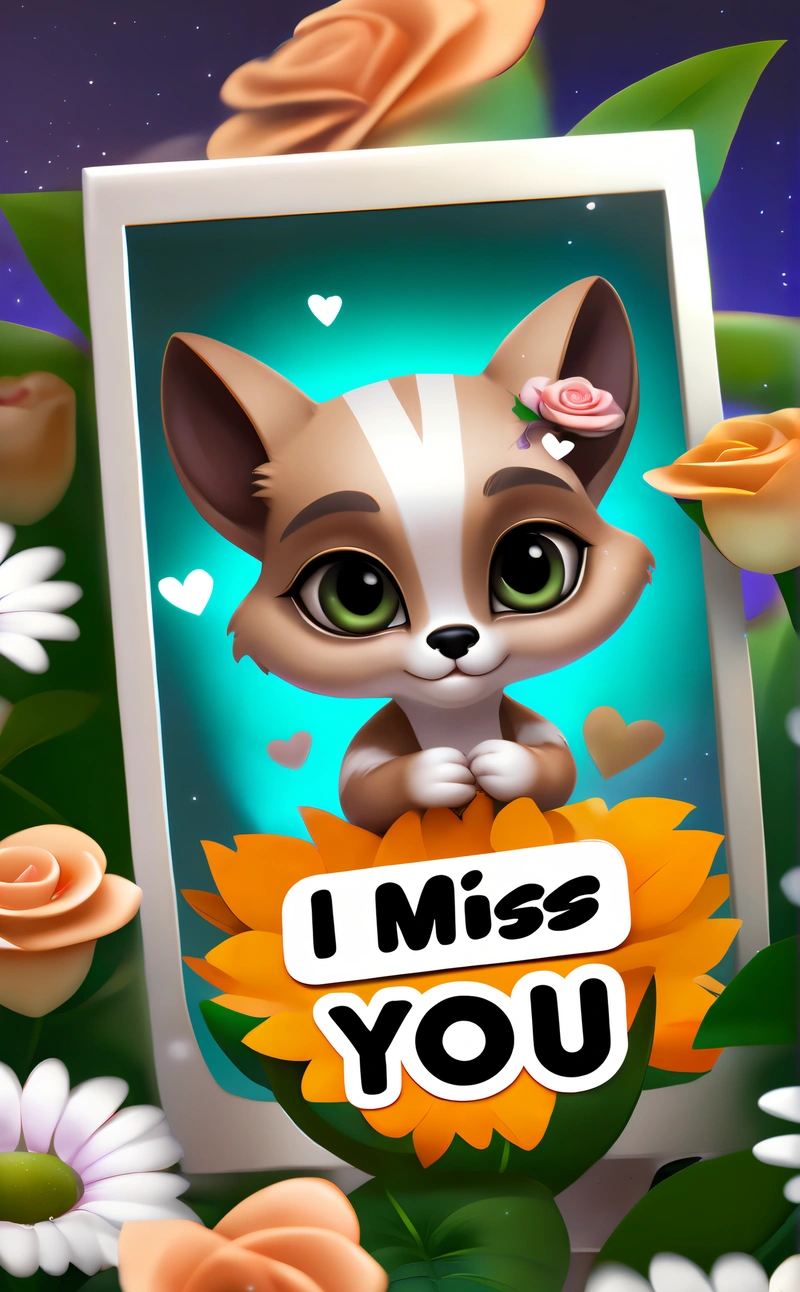 A picture frame with a cat on it and flowers around it and a message that says i miss you on the front of the picture, cute and funny, a screenshot, sots art