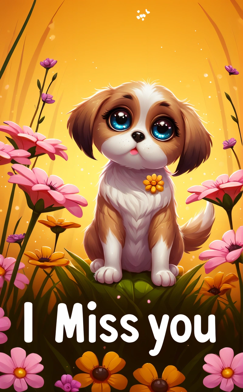 A little puppy sitting on top of a lush green field of flowers with the words i miss you written below it in a cartoon style, cute and funny, a screenshot, furry art