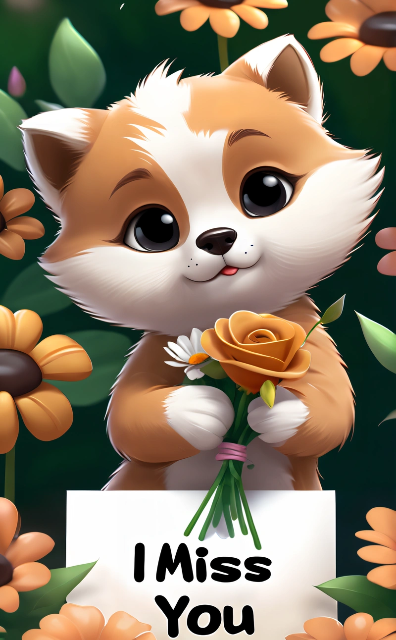 A cartoon cat holding a flower and a sign that says i miss you on it with flowers surrounding it and a sign that says i miss you, cute and funny, a screenshot, furry art