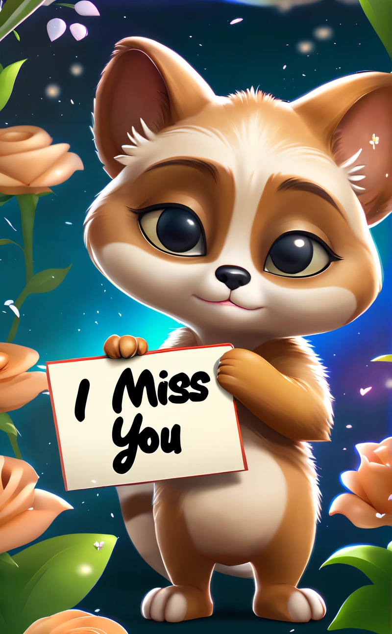 A cartoon animal holding a sign that says i miss you on it's chest and a flower behind it with a message underneath it, cute and funny, a screenshot, sots art