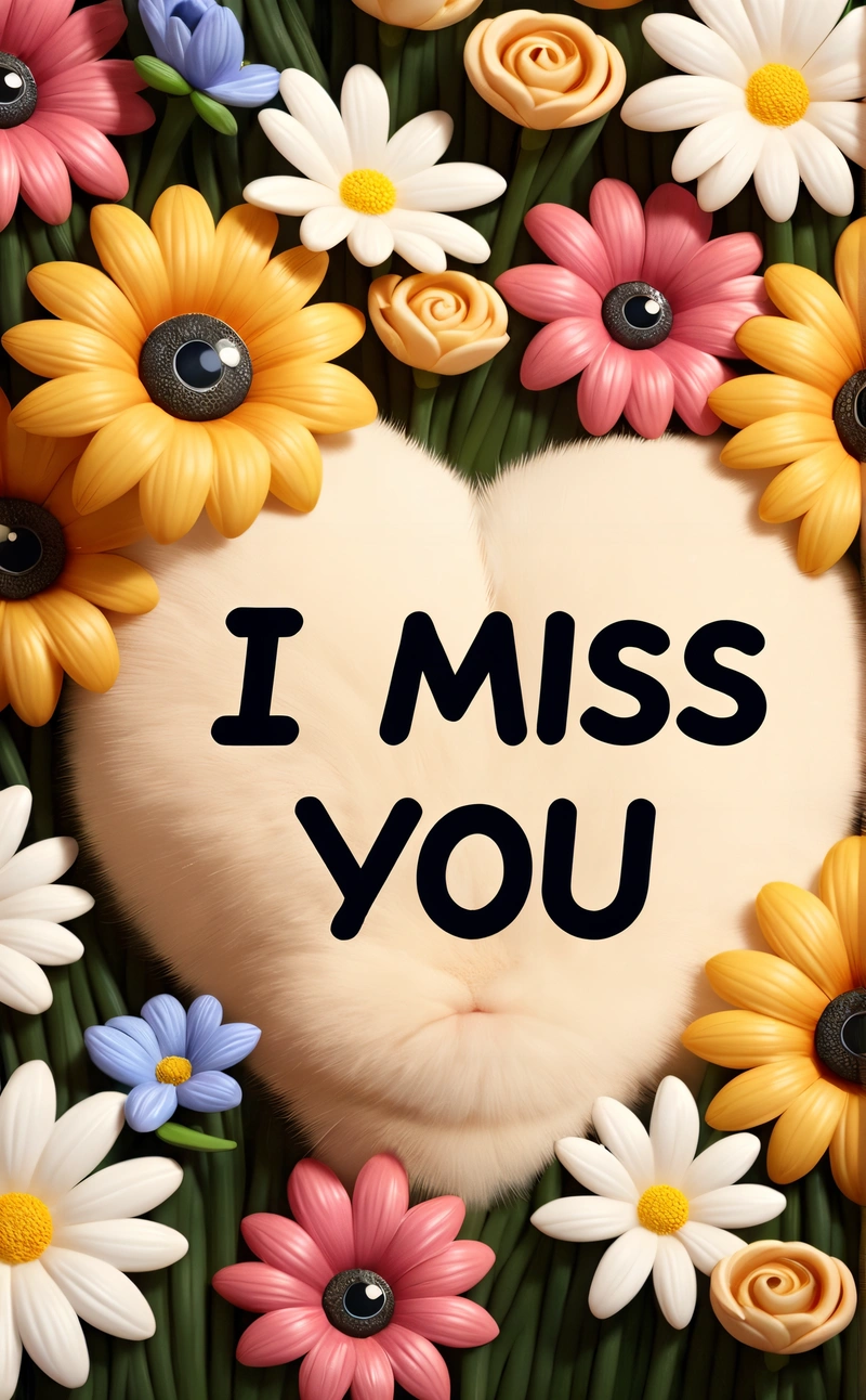 A heart shaped frame with flowers surrounding it that says i miss you on a white background with a black lettering underneath it that says i miss you, love, a cross stitch, net art