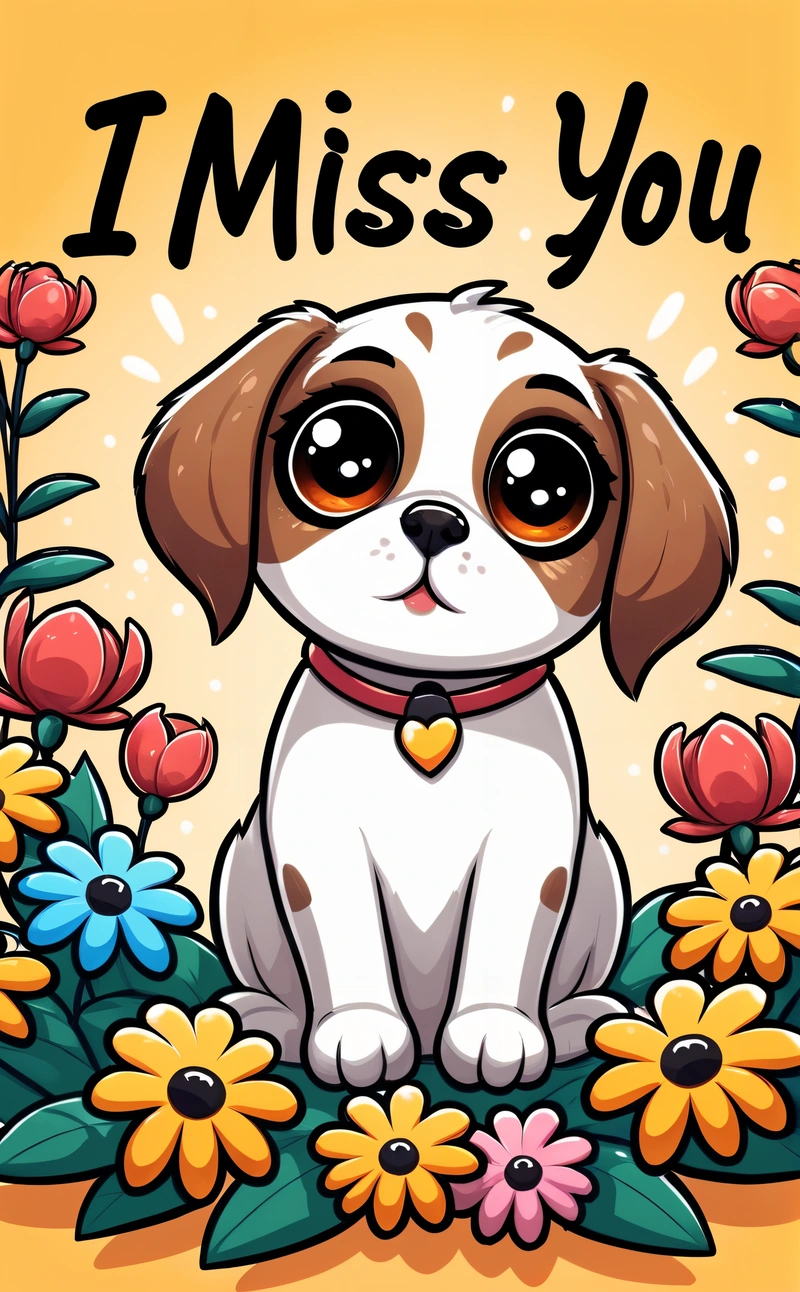 A cartoon dog with a heart on its collar sitting in flowers with the words i miss you written above it in a cartoon style with a dog, cute and funny, a character portrait, furry art