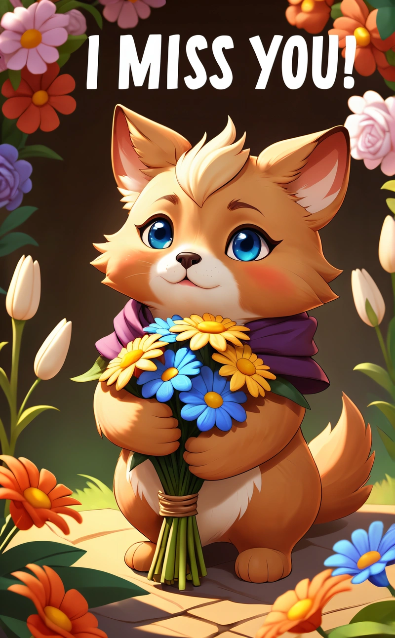 A cartoon cat holding a bouquet of flowers with a message i miss you in the background that says, i miss you, and the picture of a cat with a, league of legends splash art, a detailed painting, furry art