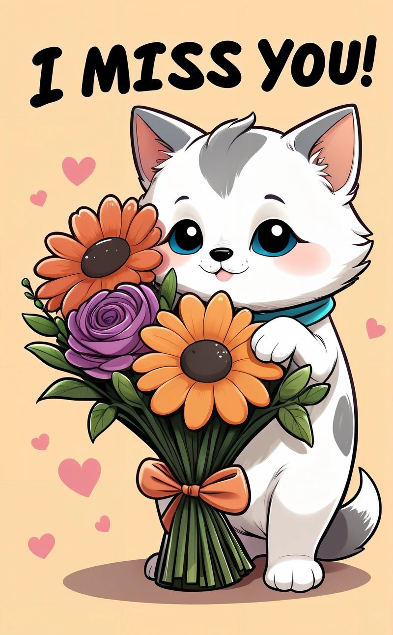 A white cat holding a bouquet of flowers with the words i miss you on it's side and a heart - shaped background with hearts, commission on furaffinity, a character portrait, furry art