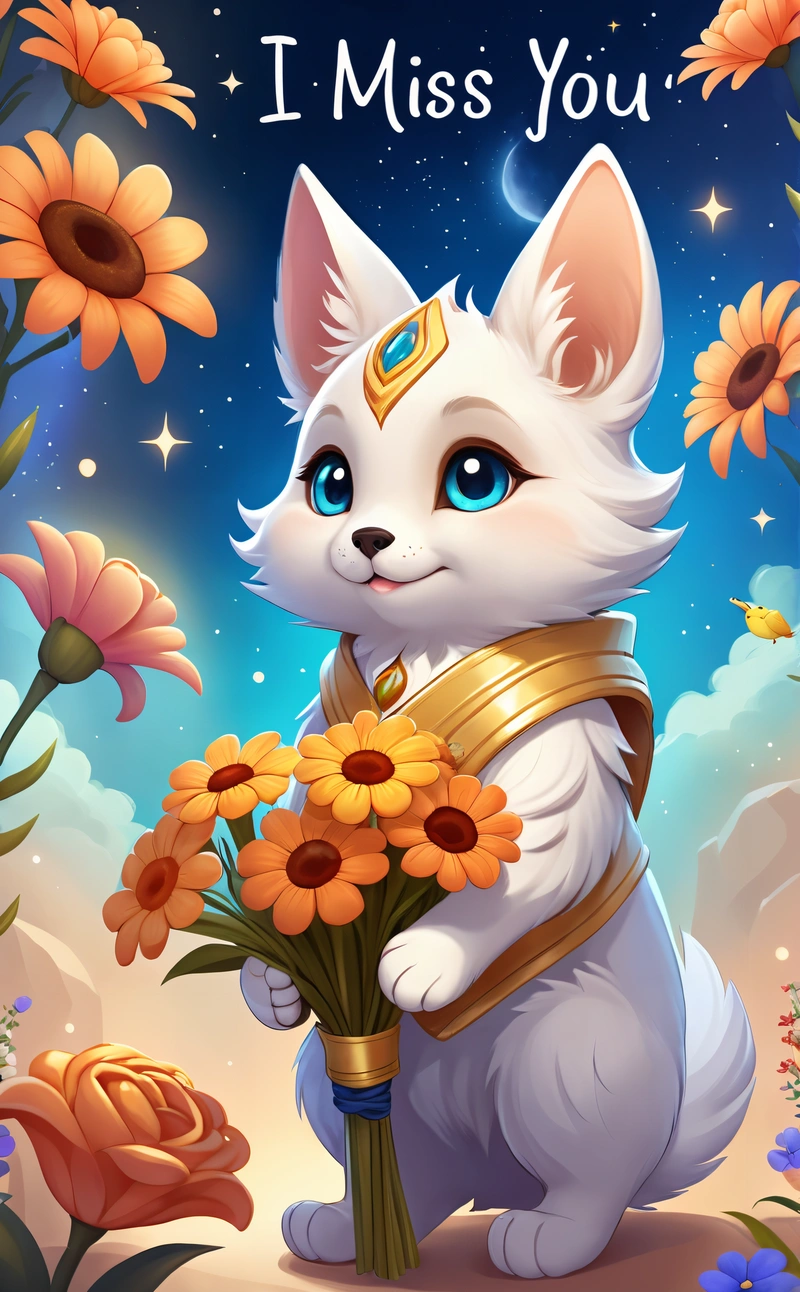 A white cat holding a bouquet of flowers with a message i miss you on it's back ground and a sky background with flowers, league of legends splash art, a character portrait, furry art