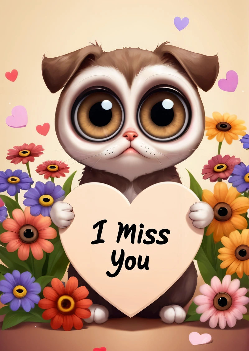 A cat holding a heart with the words i miss you on it and flowers around it with hearts in the background and a message that says i miss you, cute and funny, a screenshot, gothic art