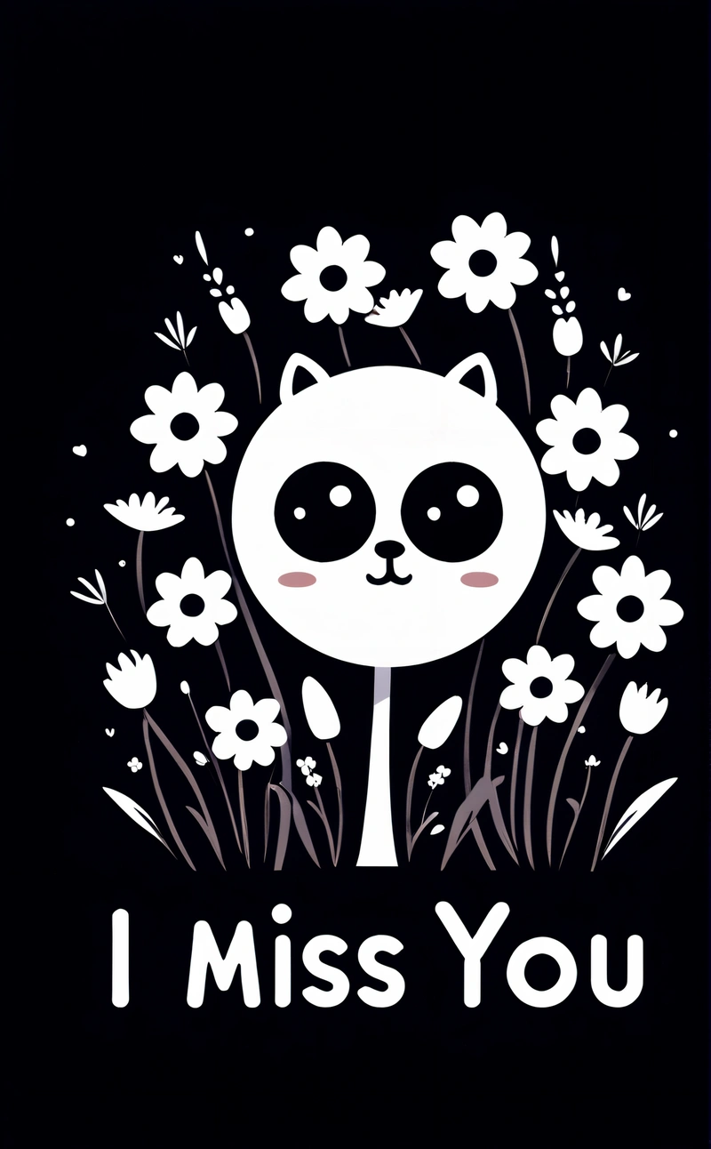 A panda bear with flowers and the words i miss you on it's chest and back side, with the words i miss you written in the middle, plain background, a screenprint, furry art