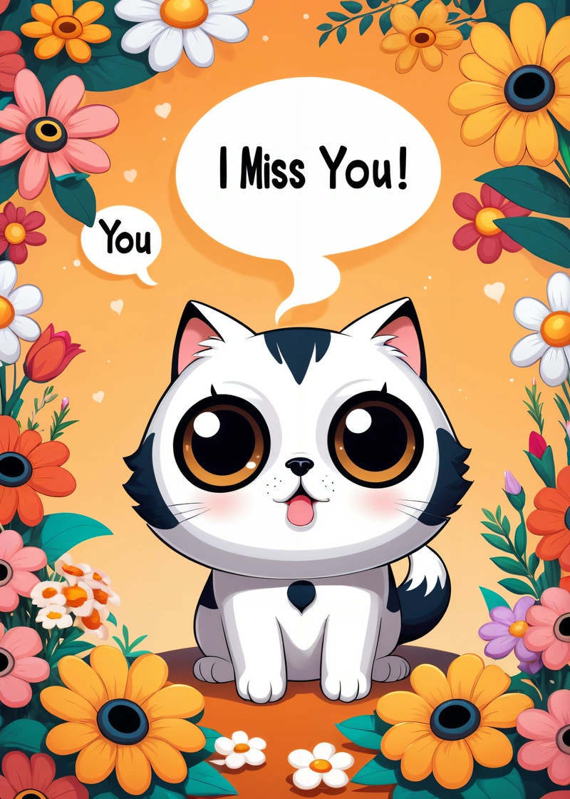 A cat with a thought bubble saying i miss you on a floral background with daisies and daisies around it, with a cat saying i miss you, cute and funny, a screenshot, sots art