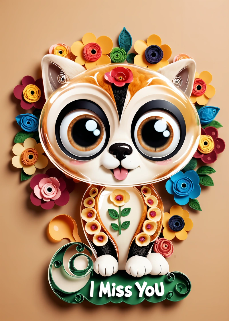 A paper cut of a cat with flowers on it's head and the words i miss you written below it on a brown background, behance hd, a 3d render, pop surrealism