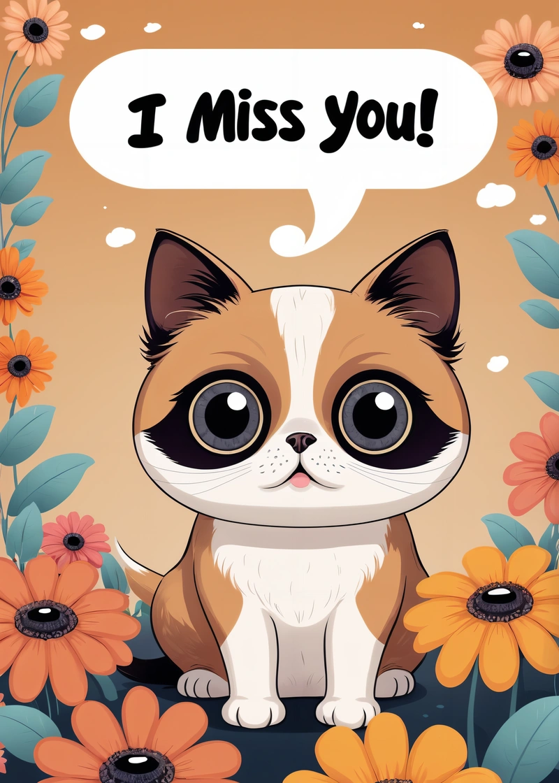 A cartoon cat with a thought bubble above it's head, sitting in a field of flowers with the words i miss you above it, cute and funny, a screenshot, sots art