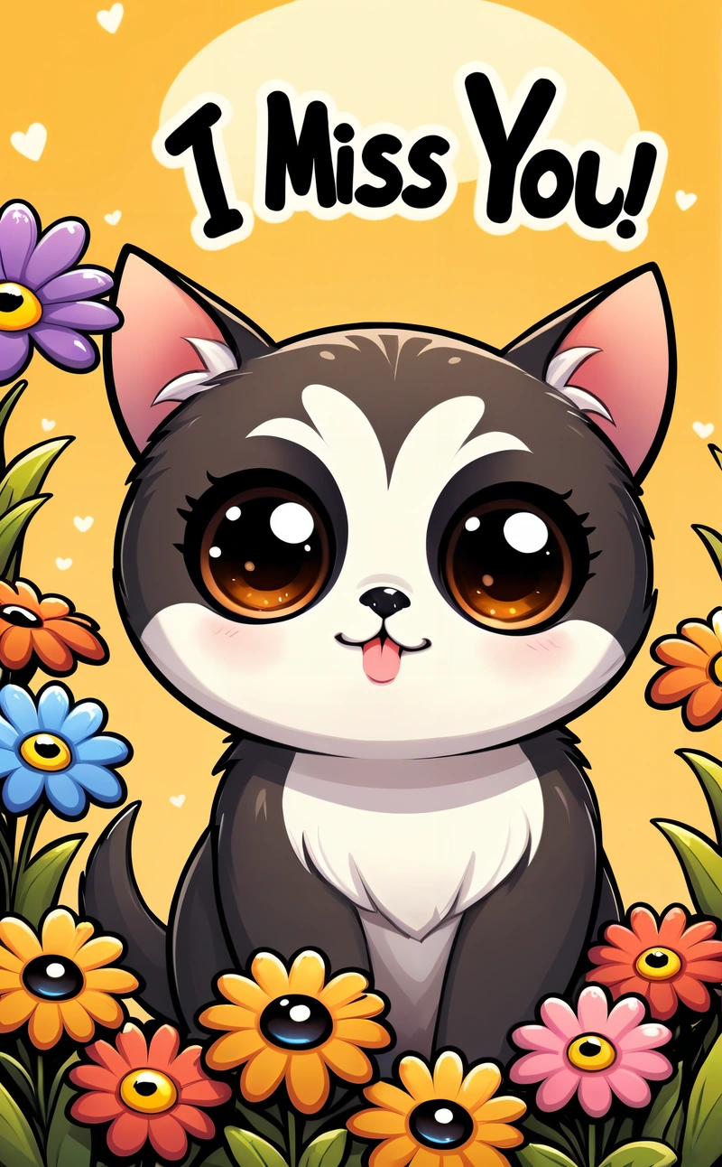 A cartoon cat with big eyes sitting in a field of flowers with the words i miss you on it's side and a full moon in the background, cute and funny, a character portrait, furry art