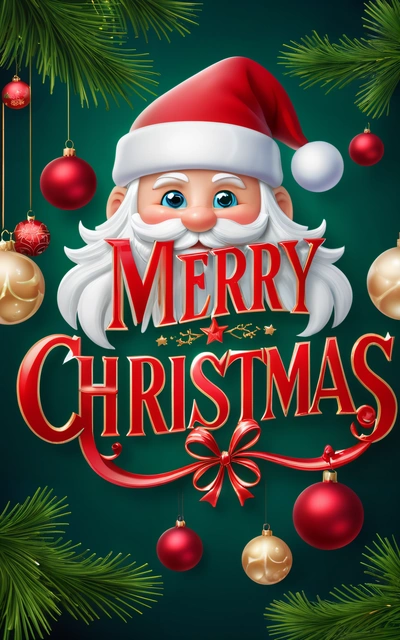 A Merry Christmas card with santa claus and ornaments on a green background with a red ribbon and a red bow on the bottom of the card, post processed, a digital rendering, naive art