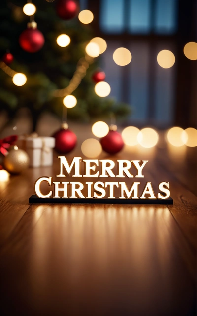 A Merry Christmas card sitting on a table with a Christmas tree in the background and lights on the floor behind it and a lit Christmas tree, 4k uhd image, a digital rendering, verdadism