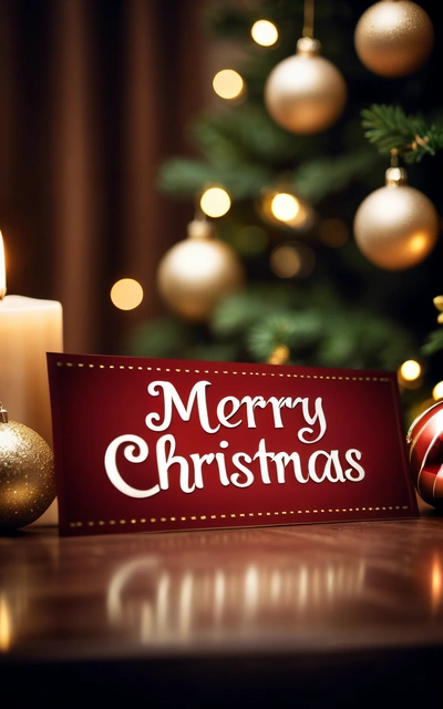 A Merry Christmas sign next to a lit candle and a Christmas tree with ornaments around it and a lit candle on a table with a red sign, post processed, a digital rendering, folk art
