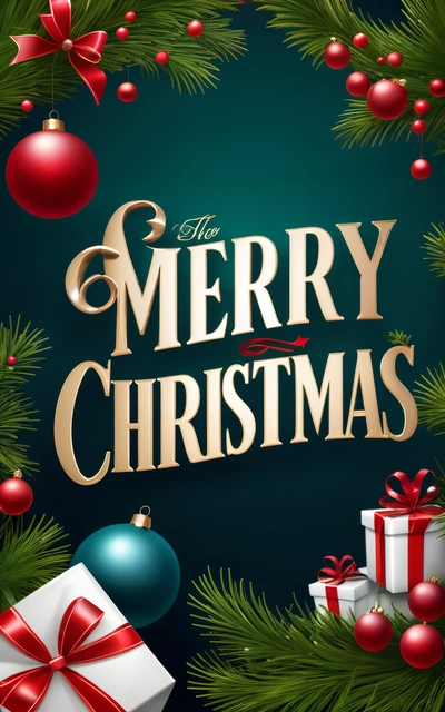 A Christmas card with presents and presents on a green background with a Merry Christmas message in gold lettering and red and green ornaments on a, book cover, a digital rendering, international typographic style