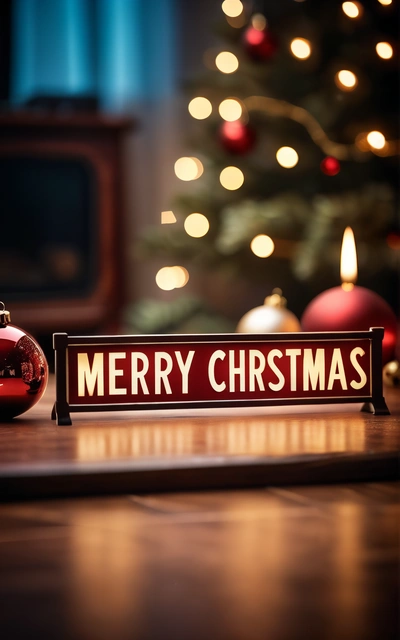 A Merry Christmas sign sitting on a table next to a Christmas tree with a lit up Christmas tree in the background and a red baub, 4k uhd image, a digital rendering, naive art