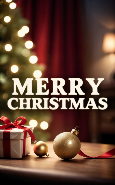 A Christmas tree with a red ribbon and a white box with a red bow on it and a Merry Christmas message in the background with a lit up Christmas tree, post processed, a digital rendering, naive art