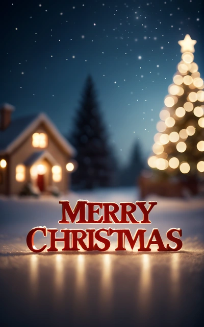 A Christmas tree with a lit up sign in the snow with a house in the background and a snow covered yard with lights in the foreground, 4k uhd image, a digital rendering, naive art