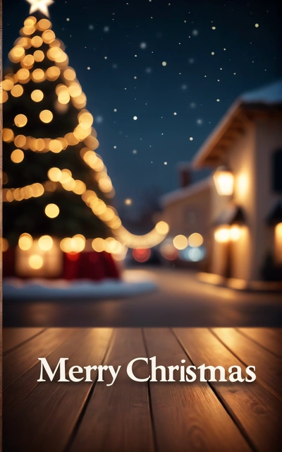 A Christmas tree with lights on it and a Merry Christmas message below it that reads Merry Christmas on a wooden deck with a lit up tree, dark background, a digital rendering, naive art