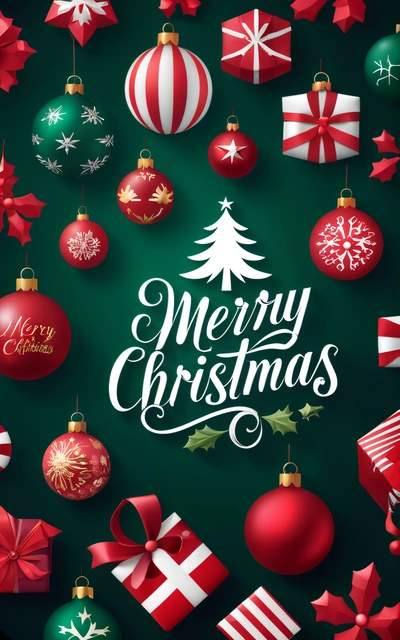 A Christmas card with a green background and red and white ornaments and a Merry Christmas message on the bottom of the card is a green background with red and white, plain background, computer graphics, naive art